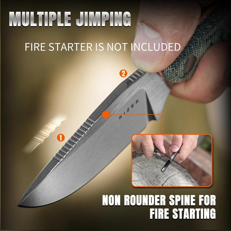 KIZER Hare Fixed Blade Knife with Sheath, 3.14" Nitro V Blade EDC Hunting Knife with Black Micarta and Orange G10 Handle, Small Bushcraft Neck Knives, Camping Knives for Men Women, 1077A2 - Image 4